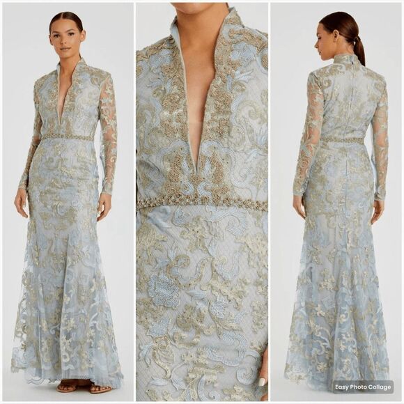 NWT Mac Duggal 11165 Blue Queen Anne Lace Long Sleeve V-Neck Trumpet Gown Dress - Picture 1 of 16